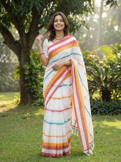 Cotton White & Multicolor Stripe Saree with Tassel Pallu