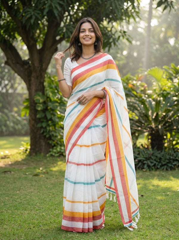 Cotton White & Multicolor Stripe Saree with Tassel Pallu