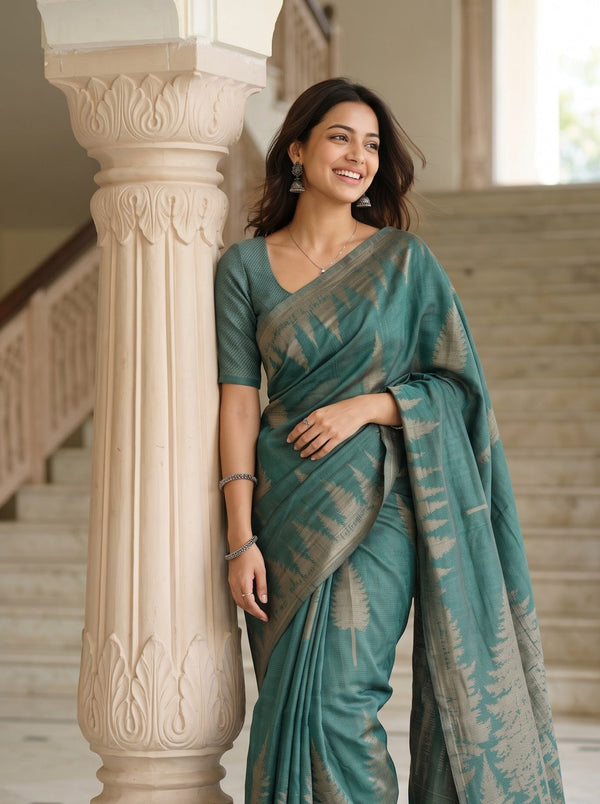 Semi Silk Bottle Green Pine Forest Print Saree with Tassels