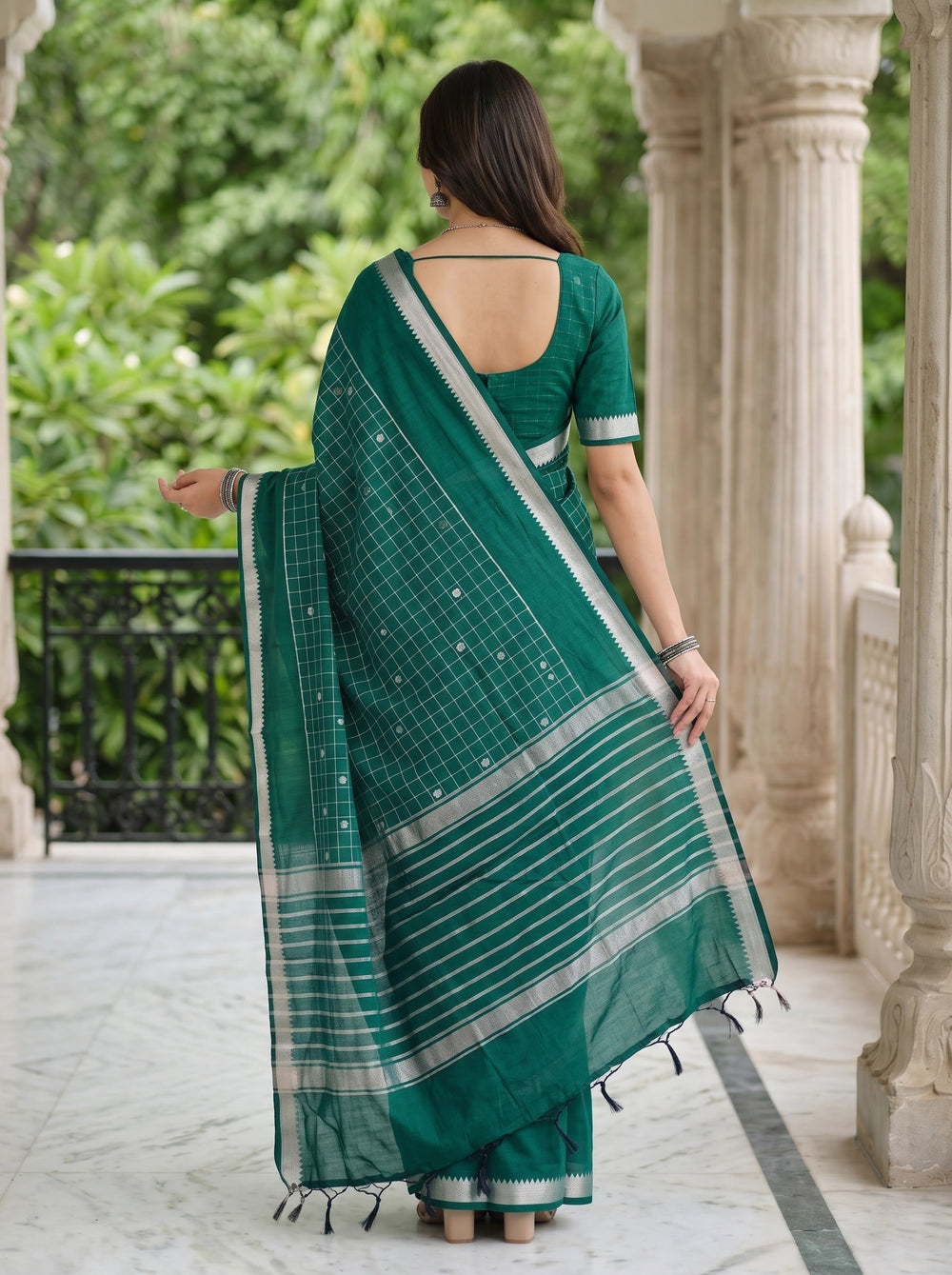 Cotton Silk Dark Green Saree with Silver Checkered Pallu and Striped Border
