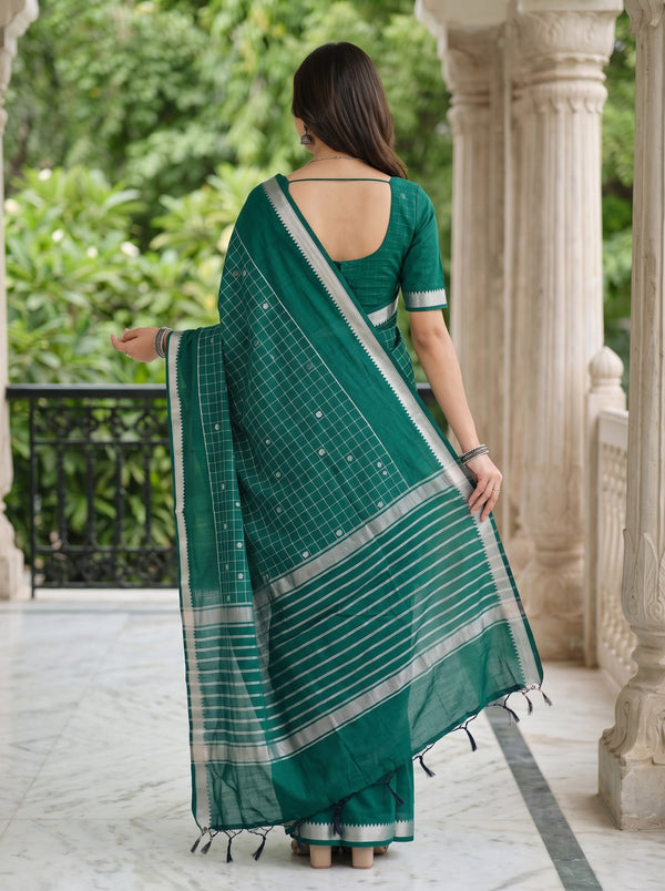 Cotton Silk Dark Green Saree with Silver Checkered Pallu and Striped Border