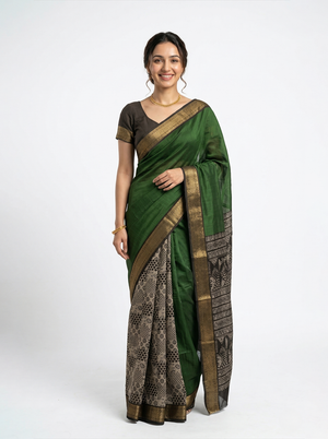 Chanderi Green Black Printed Pallu Saree