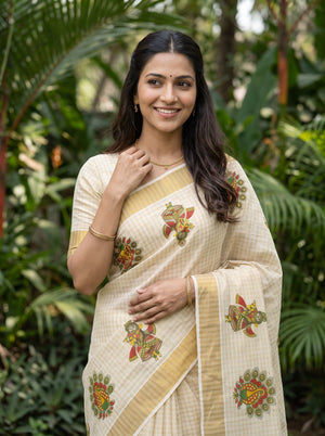 Tissue Cream Radha Krishna Peacock Print Kerala Saree with Golden Border