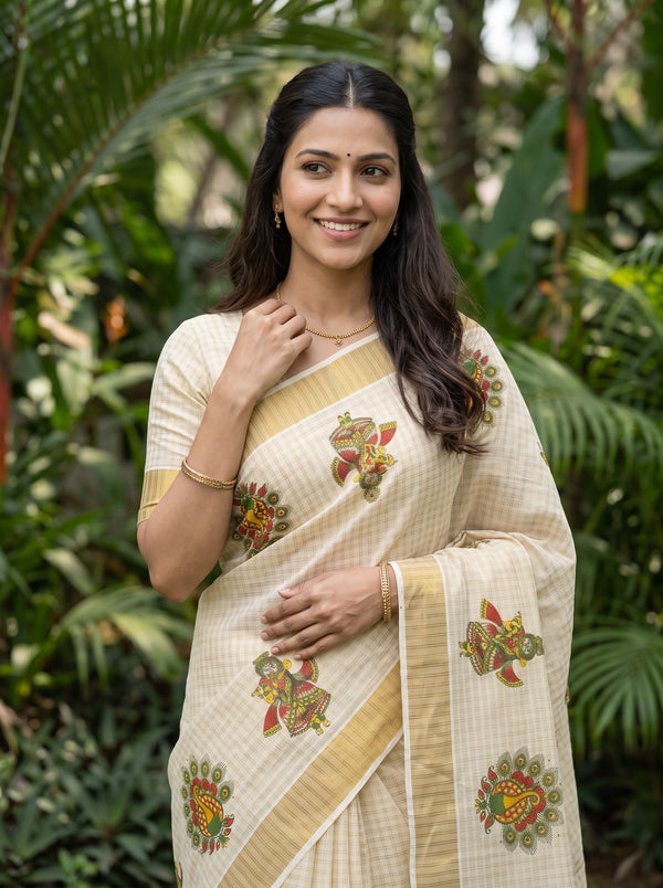 Tissue Cream Radha Krishna Peacock Print Kerala Saree with Golden Border