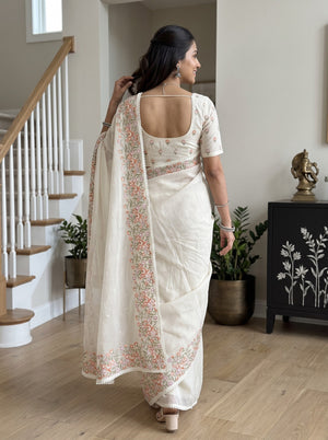 Net Kota Off White Saree with  Floral Embroidery Border