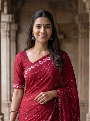 Semi Modal Red Saree with Bandhani Print and Shibori Hem