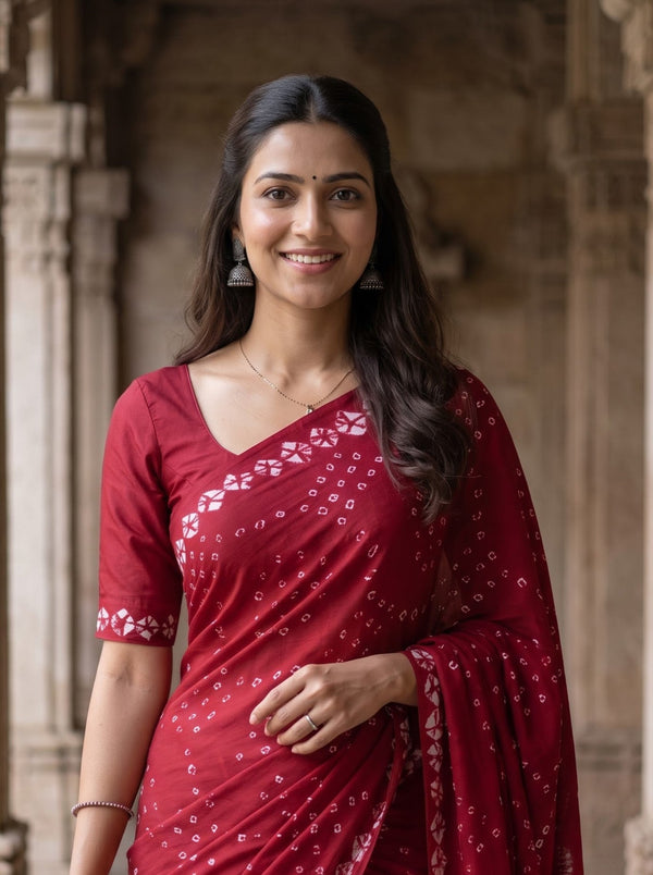 Semi Modal Red Saree with Bandhani Print and Shibori Hem