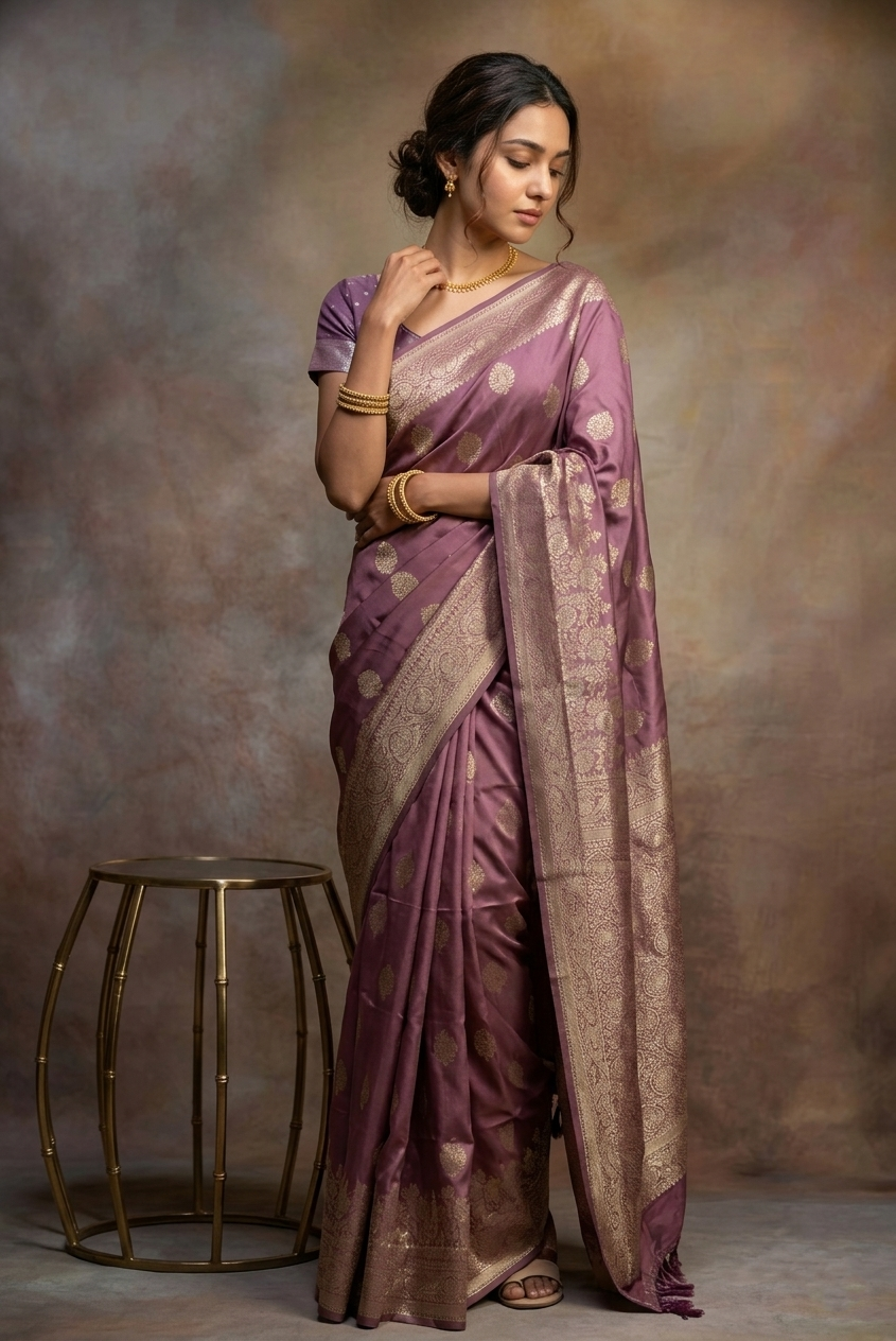 Woman in a purple saree with gold patterns against a textured brown background