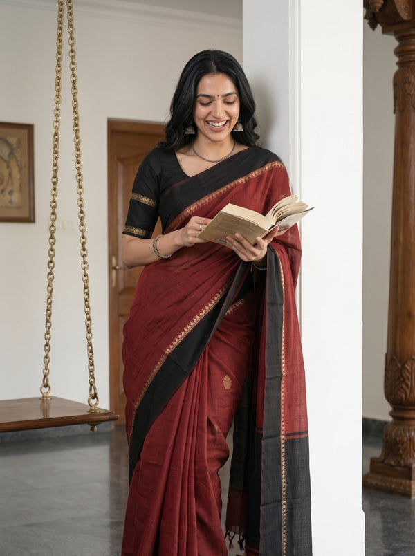 Cotton Silk Red Black Dual Tone Solid Saree