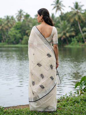 Cotton Off-White Black Leaf Print Onam Special Kerala Saree