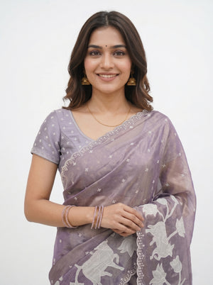Shimmer Organza Lavender Grey Animal Motif Print Saree with Pearl Scalloped Border