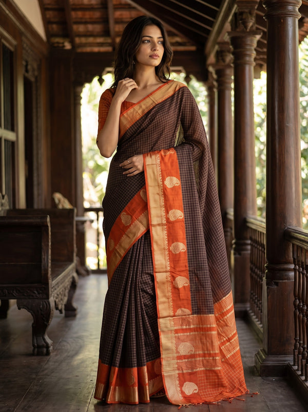 Semi Silk Deep Brown Check Weave Saree with Rust Orange Paisley Border