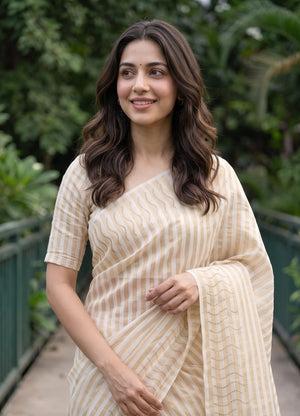 Tissue Silk Cream Striped Saree with Sequin Wave Design