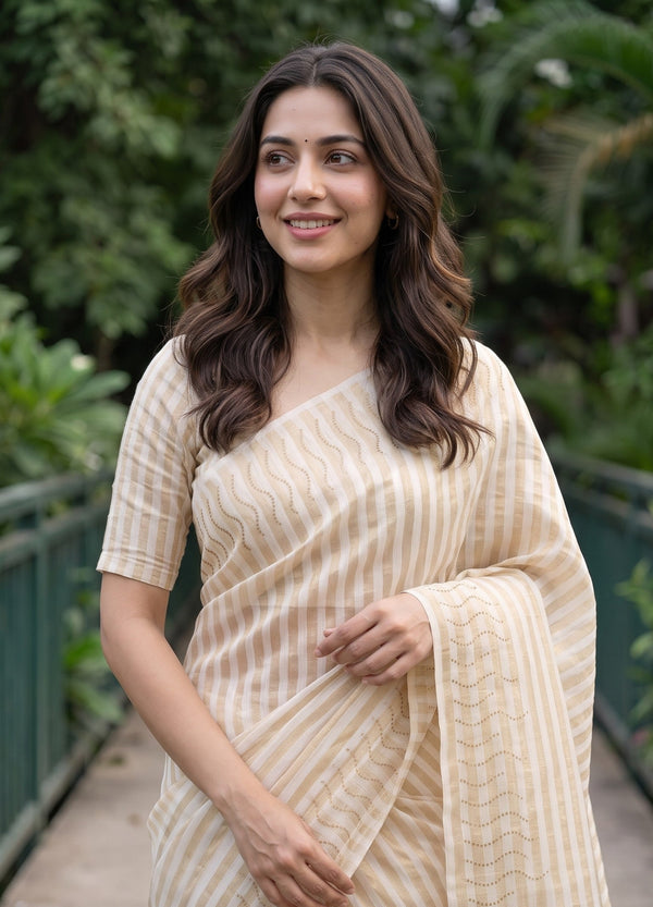 Tissue Silk Cream Striped Saree with Sequin Wave Design