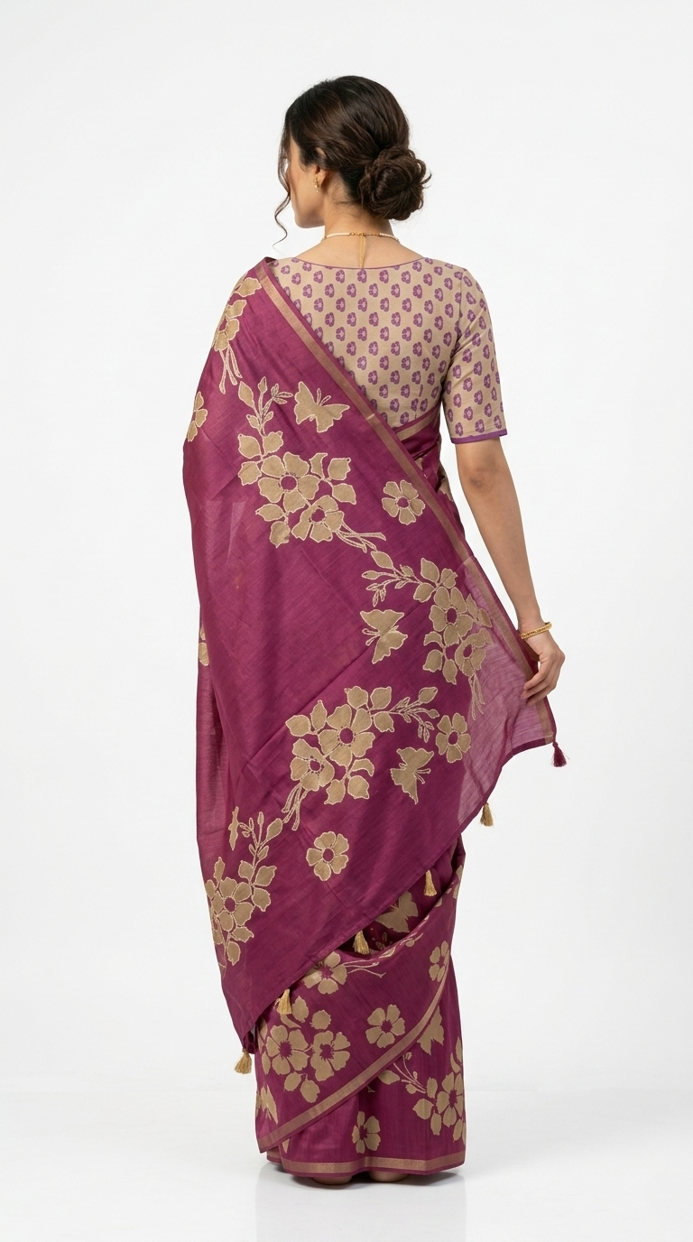 Woman in a purple saree with floral patterns standing outdoors.
