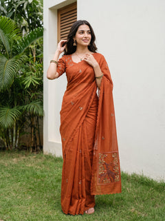 Chanderi Rust Deer Print Floral Embroidered Sequin Panel Pallu Saree
