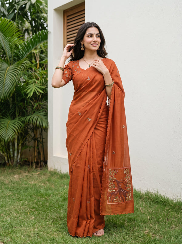 Chanderi Rust Deer Print Floral Embroidered Sequin Panel Pallu Saree