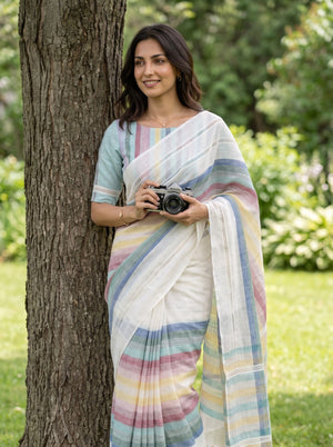 Linen Cream Saree with Multicolor Checked Pallu & Tassels