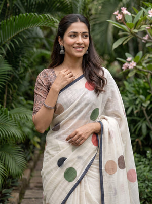 Cotton Linen Saree in Cream with Scattered Multicolor Circle Print and Dark Grey Trim