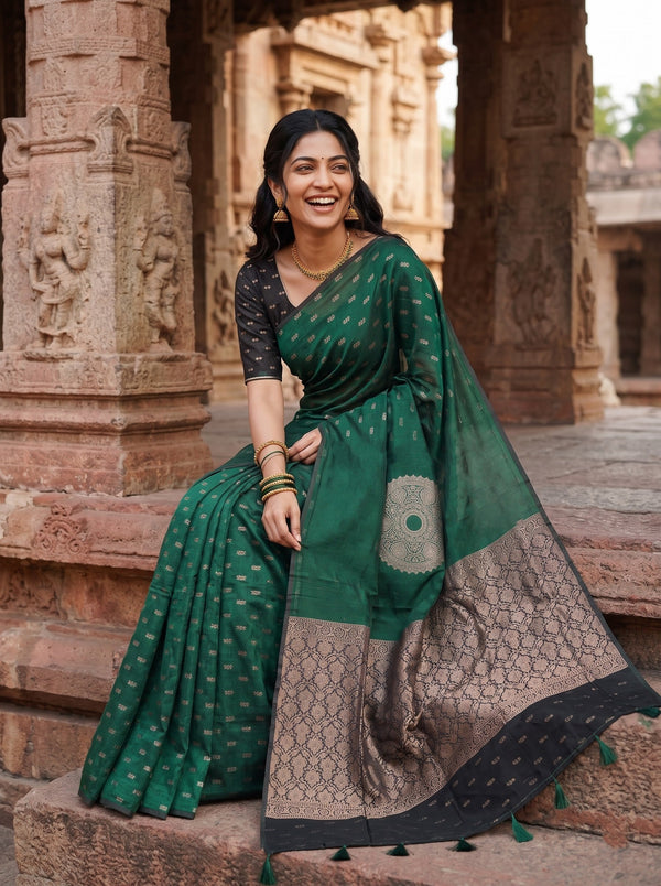 Cotton Silk Bottle Green Golden Mandala Black Brocade Pallu