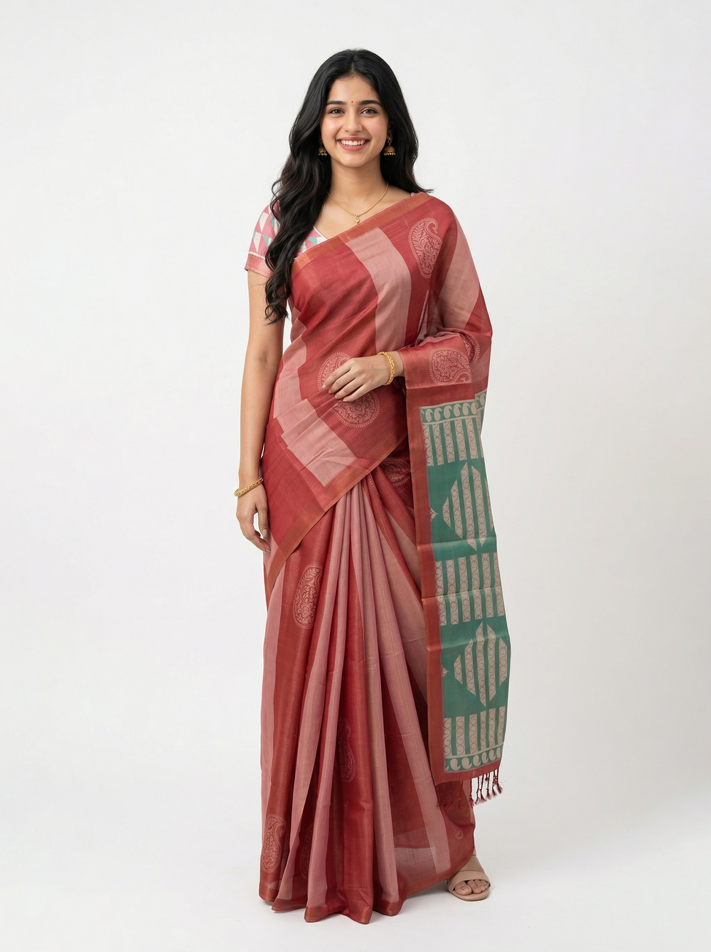 Tissue Silk Maroon-Pink Ombre Paisley Woven Saree with Contrast Green Pallu
