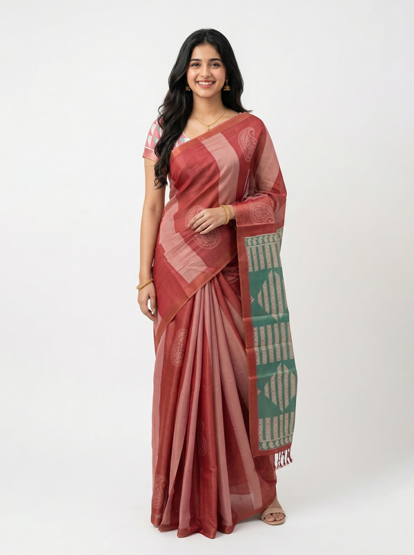 Tissue Silk Maroon-Pink Ombre Paisley Woven Saree with Contrast Green Pallu