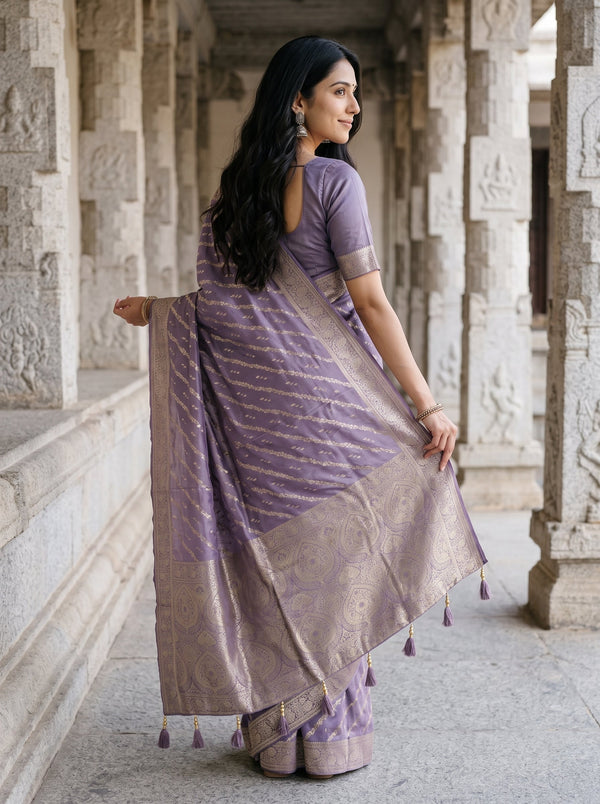 Banarasi Mauve Purple Golden Zari Kalka Paisley Jaal Pallu Saree with Diagonal Floral Vine Butta