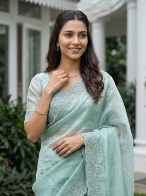 Organza Sea Blue Crystal Stone Work Beaded Scroll Vine Border Scalloped Edge Saree