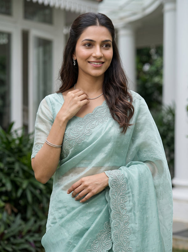 Organza Sea Blue Crystal Stone Work Beaded Scroll Vine Border Scalloped Edge Saree