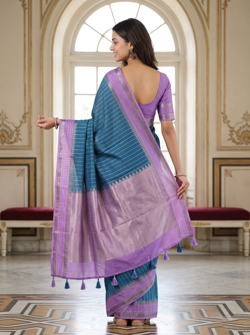 Semi Silk Teal Saree with Purple Zari Woven Border and Pallu