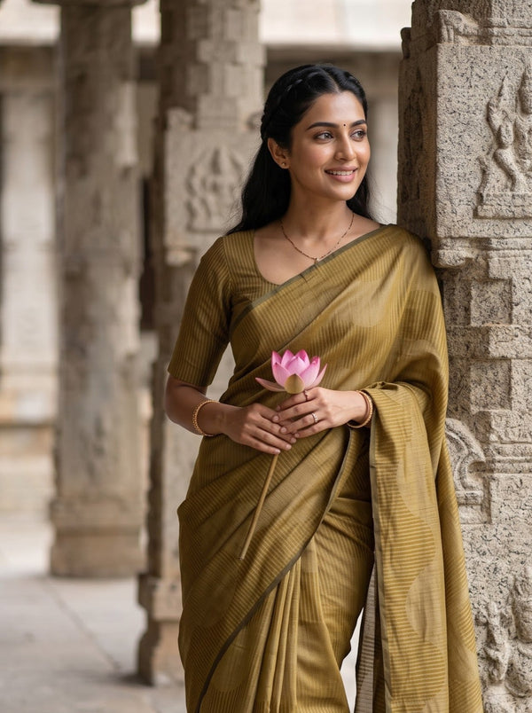 Matka Silk Mustard Golden Self-Tone Weave Saree with Tassels