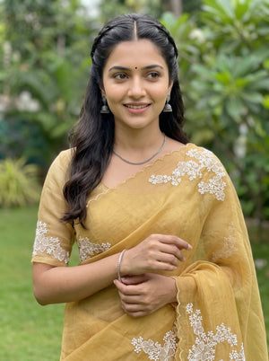Organza Mustard Golden White Floral Cluster Embroidery Applique Pallu Scalloped Edge  Saree