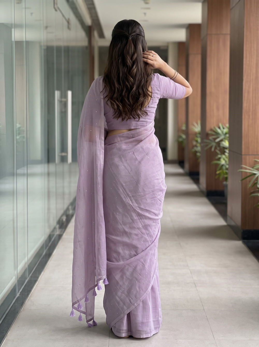 Mul Chanderi Saree in Lavender with Sparkling Sequin Dot Embellishment