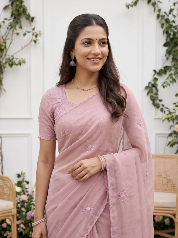 Organza Baby Pink Self Embroidered Floral Sprig Butta Sequin Bead Work Saree