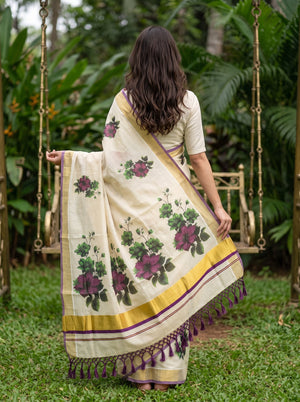 Tissue Cream Kerala Saree with Purple Floral Print Pallu, Golden Zari and Purple Border