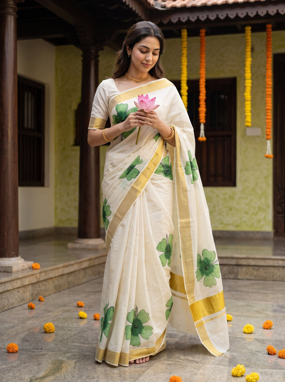 Cotton Cream Green Hibiscus Print Onam Special Kerala Saree