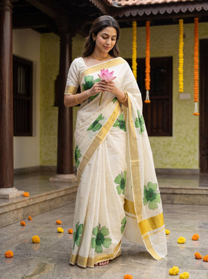 Cotton Cream Green Hibiscus Print Onam Special Kerala Saree