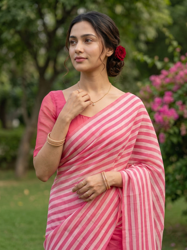 Mul Chanderi Pink and White Striped Saree