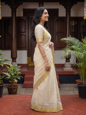 Cotton Cream Off-White Gold Ladder Stripe Checkbox Border Kerala Saree