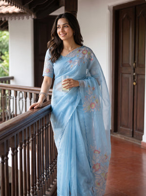 Organza Powder Blue Multicolor Floral Embroidered Saree