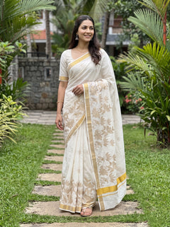 Cotton Cream Golden Bird Floral Embroidered Pallu Kasavu Border Kerala Saree