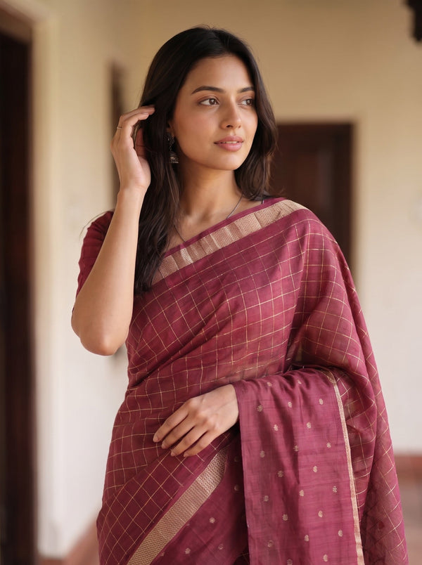 Semi Silk Maroon Saree with Golden Dotted Butta Border and Check Weave