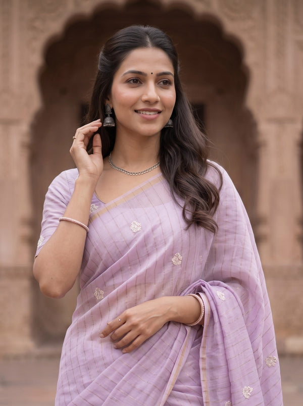Pure Chanderi Lavender Saree with Embroidered Rose Floral Pallu