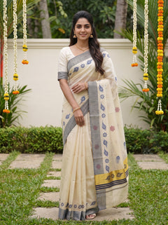 Tissue Cream Peacock Feather Floral Print Grey Border Traditional Onam Festive Kerala Saree