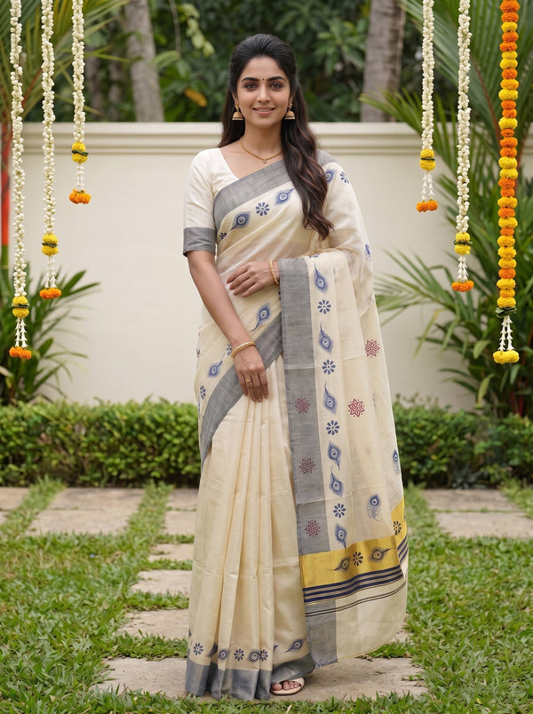 Tissue Cream Peacock Feather Floral Print Grey Border Traditional Onam Festive Kerala Saree