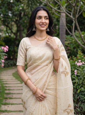 Linen Cream Saree with Golden Beadwork Floral Sprig Motifs and Scallop Border