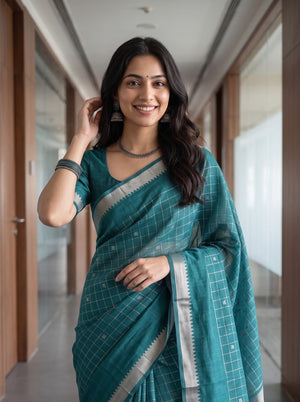 Chanderi Cotton Teal Check Weave Saree with Silver Zari Striped Pallu
