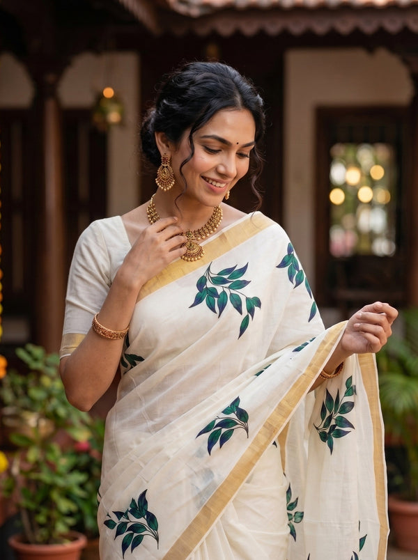 Cotton Cream Green Leaf Vine Print Golden Border Onam Special Kerala Saree
