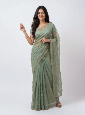 Shimmer Organza Sage Green Sequin Embroidered Trellis Saree with Scalloped Border