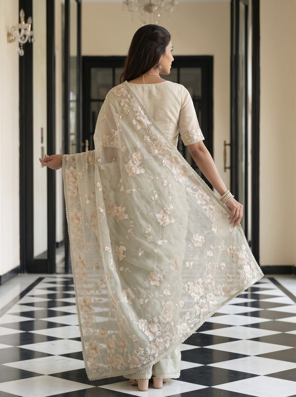 Organza Sage Green Saree with Cream Floral Vine Embroidery